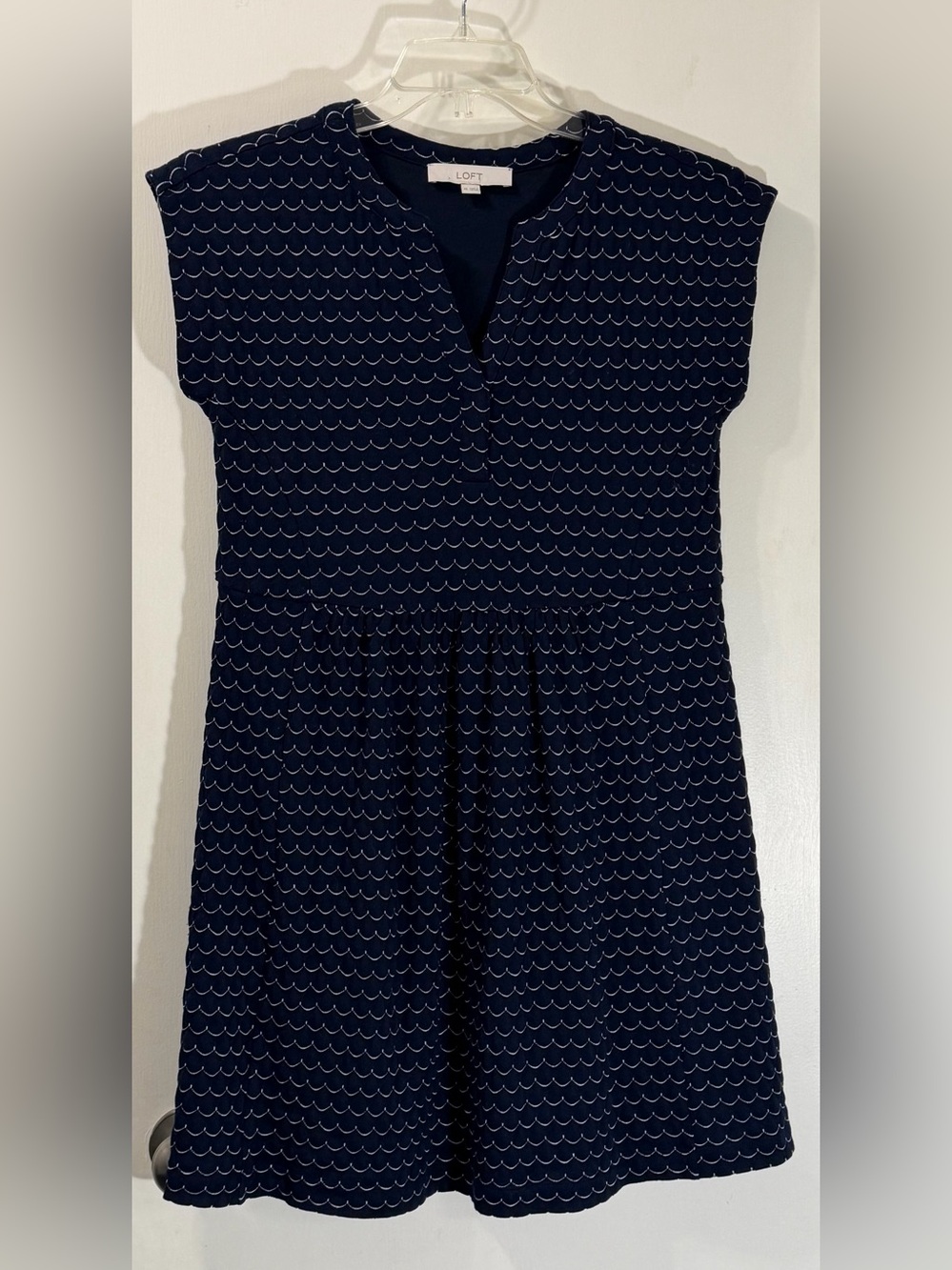 LOFT Navy Scallop-Print Cap-Sleeve Dress